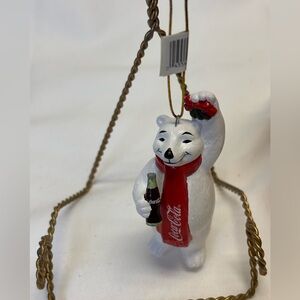 Coca-Cola Festive Polar Bear Ceramic Ornament Holding Mistletoe • NWT